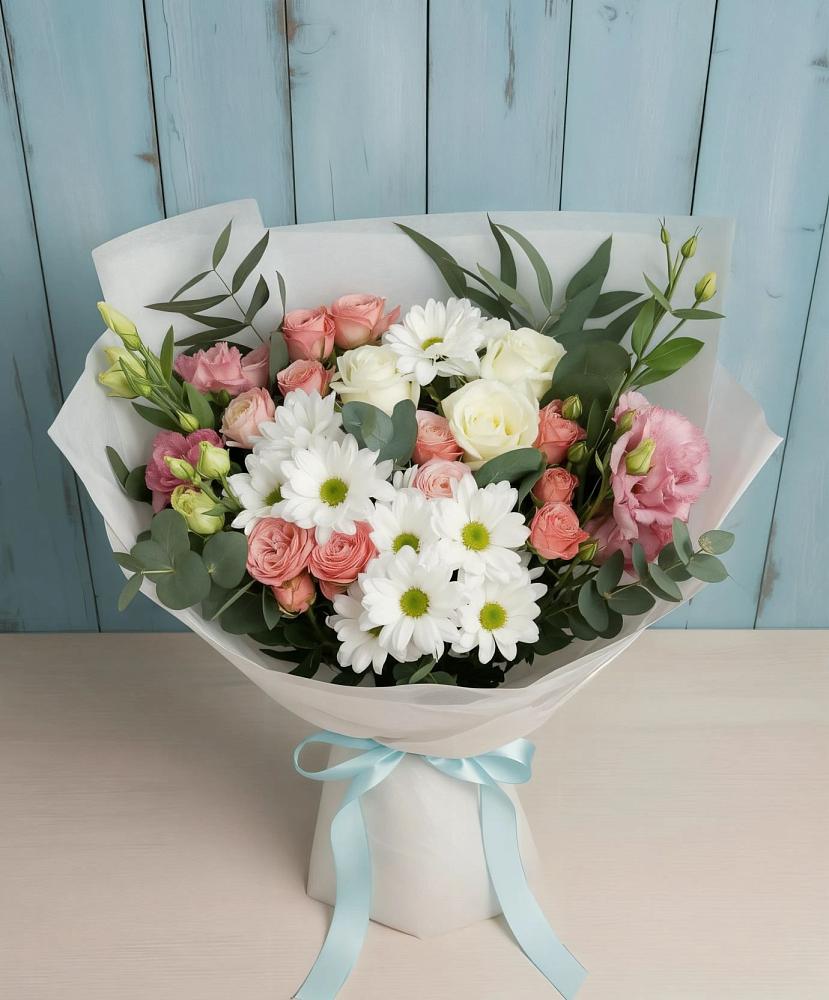 Букет цветов из: Розы, Лизиантусы и Хризантемы в Жилёво