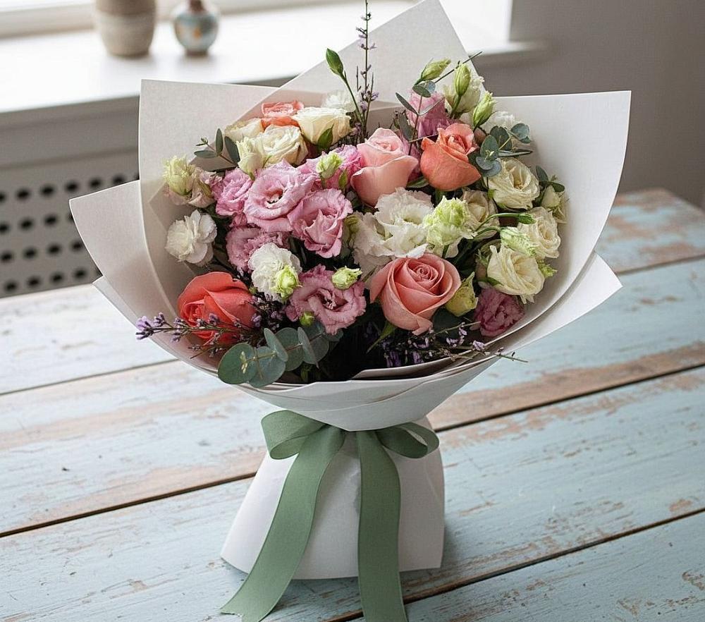 Букет цветов из: Розы, Лизиантусы и Гвоздики в Жилёво