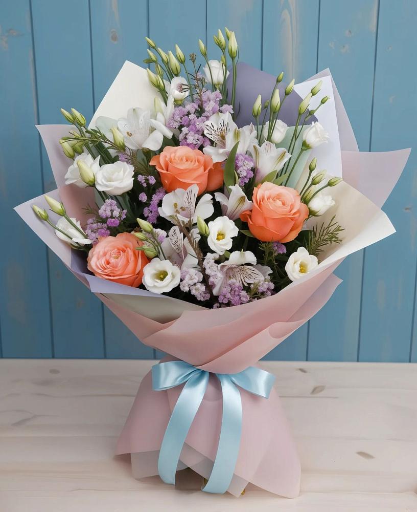 Букет цветов из: Лизиантусы, Розы, Альстромерии и Гипсофила в Жилёво