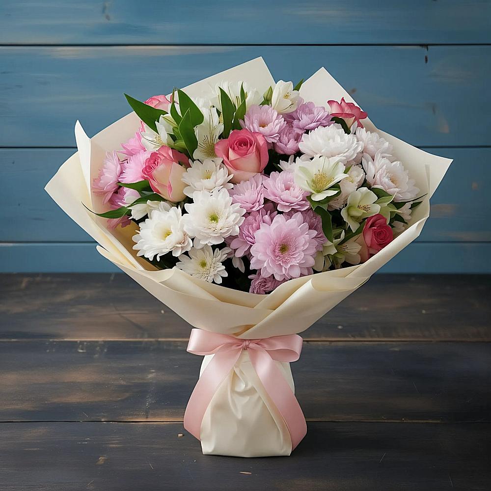 Букет цветов из: Хризантемы, Альстромерии и Розы в Жилёво